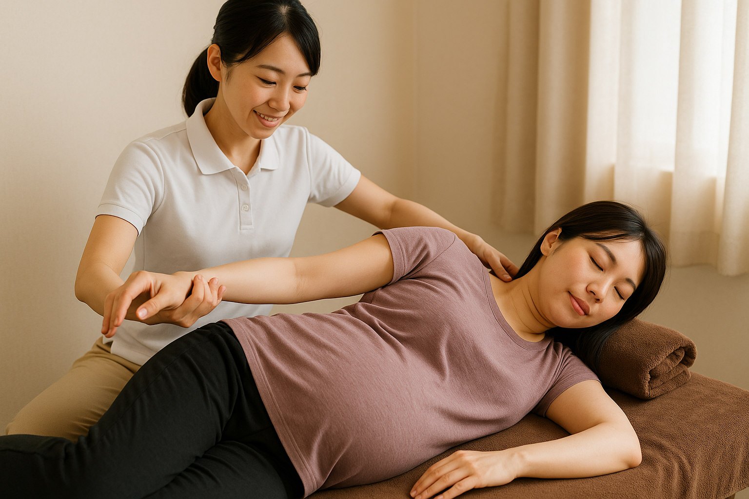 自宅でリラックスして産後ケアの訪問マッサージを受ける母親